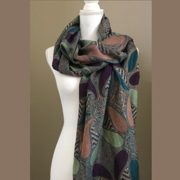 Accessories - Fringed Paisley Scarf Mint Green Purple Turquoise